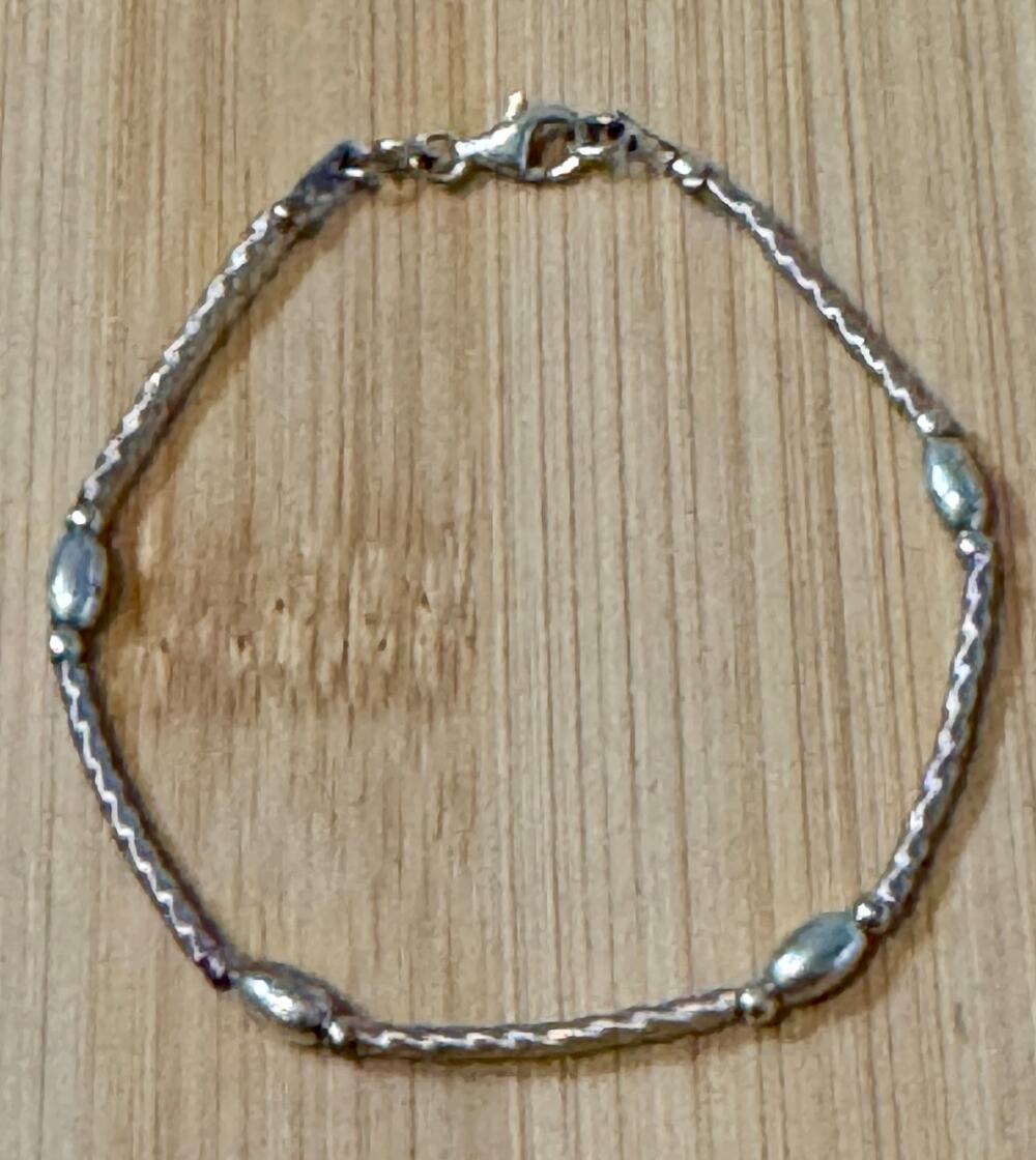 Vintage Italy Sterling Silver Oval Beaded Textured Station Dainty Bracelet 7”